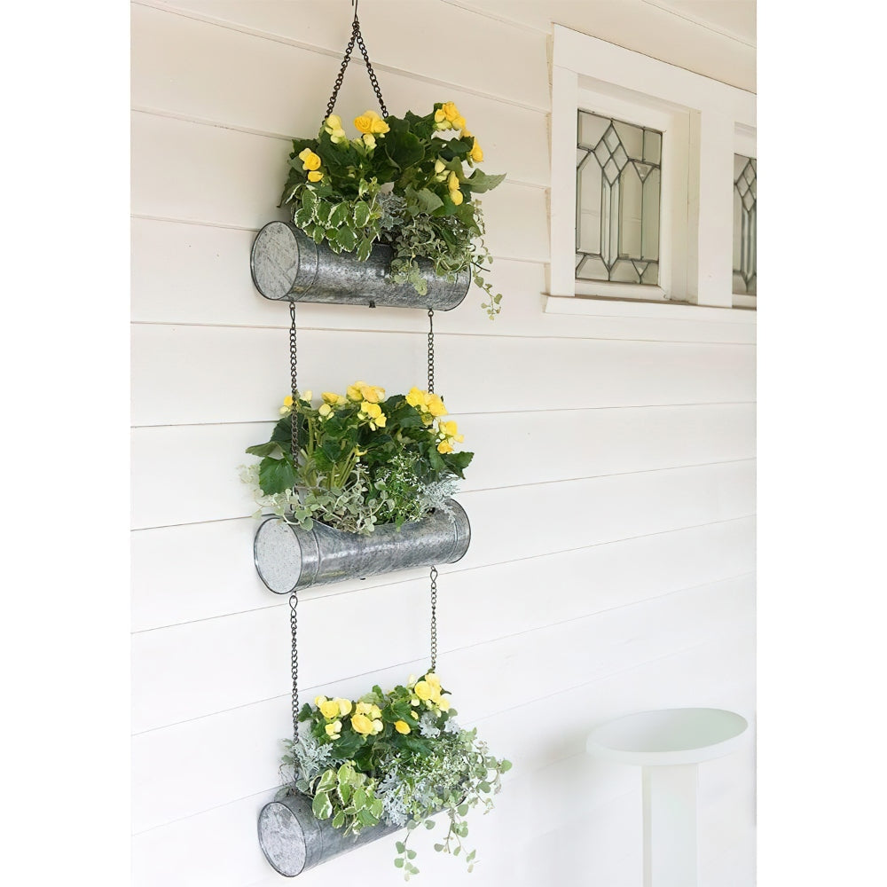 36 Inch 3 Tier Hanging Planter Galvanized Metal With Chrome Chain Silver Finish by The Urban Port UPT-271317