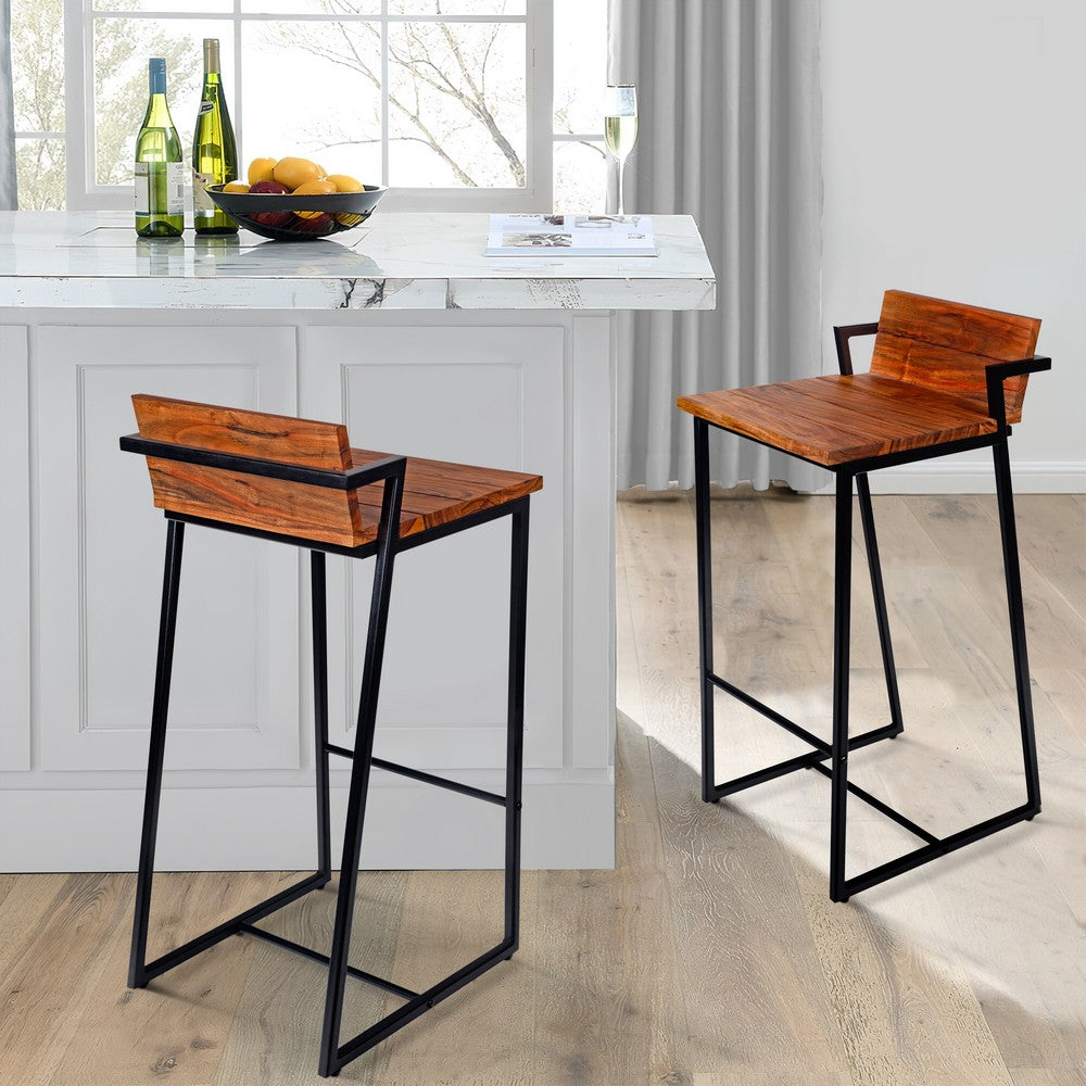 35 Inch Industrial Style Acacia Wood Barstool with Metal Frame, Brown and Black By The Urban Port