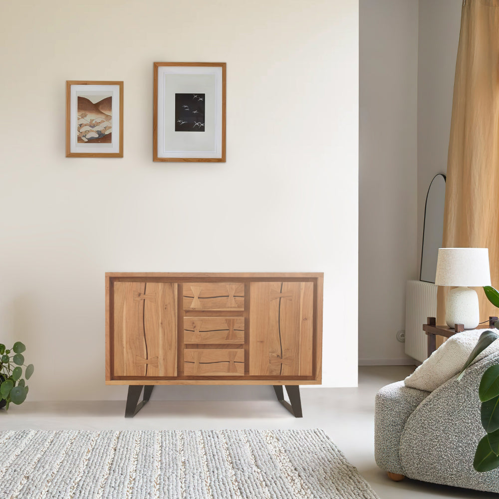 40 Inch Sideboard Buffet Console with 2 Cabinets Brown Acacia Wood 3 Drawers Black Iron Base The Urban Port UPT-272531