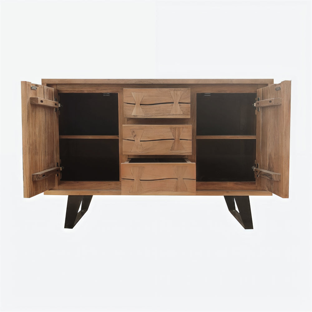 40 Inch Sideboard Buffet Console with 2 Cabinets Brown Acacia Wood 3 Drawers Black Iron Base The Urban Port UPT-272531