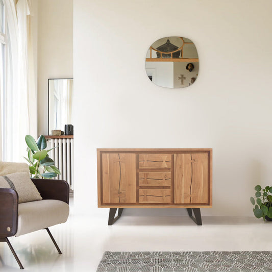 40 Inch Sideboard Buffet Console with 2 Cabinets, Brown Acacia Wood, 3 Drawers, Black Iron Base The Urban Port