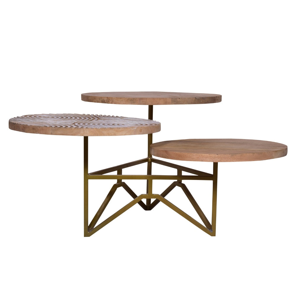 Ally 33 Inch Modern Round Coffee Table 3 Tier Design Washed and Carved Natural Mango Wood Gold Frame By The Urban Port UPT-272537