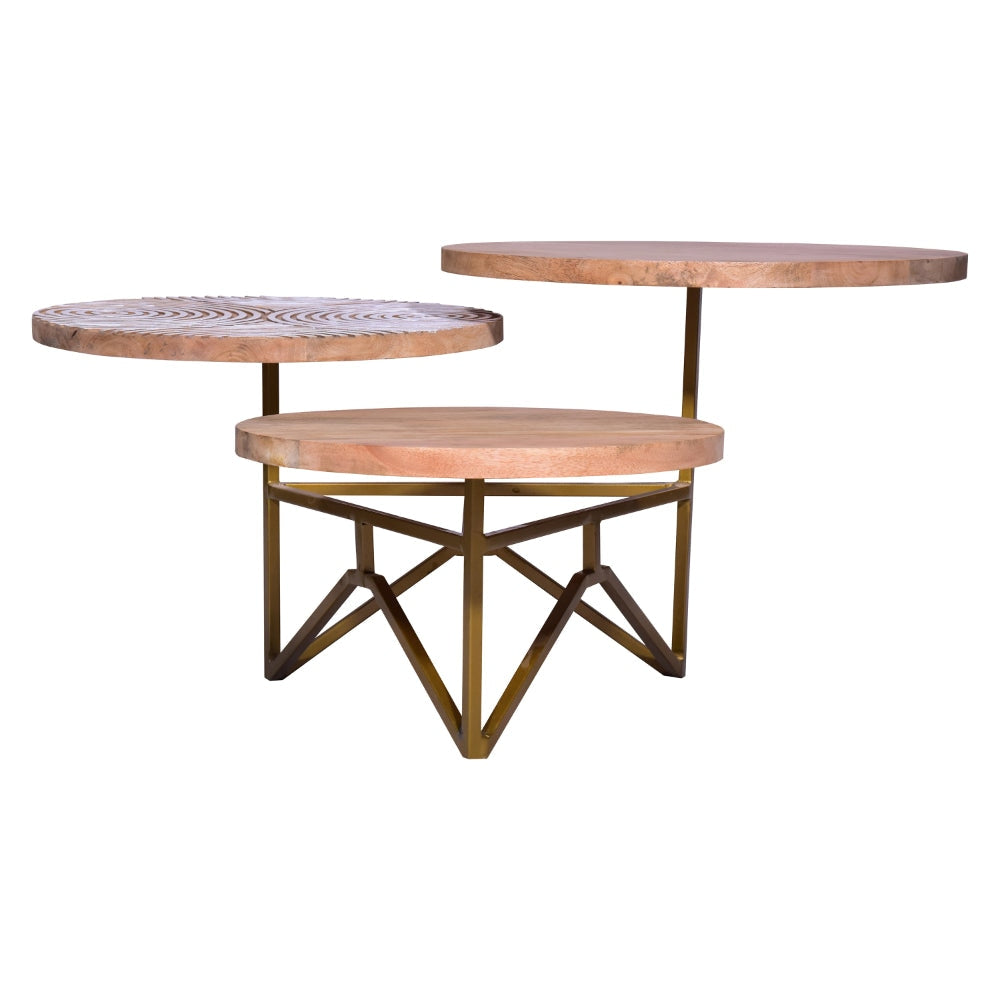 Ally 33 Inch Modern Round Coffee Table 3 Tier Design Washed and Carved Natural Mango Wood Gold Frame By The Urban Port UPT-272537