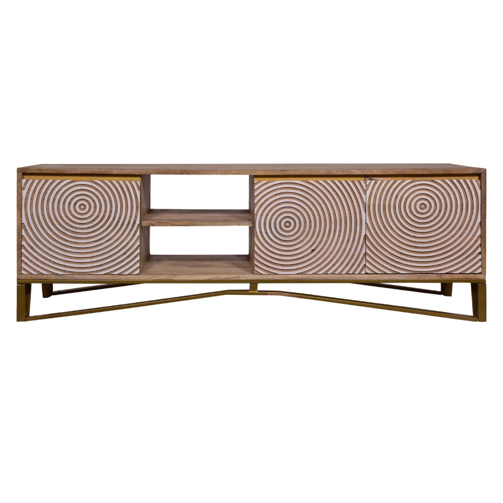 Ally 57 Inch TV Media Entertainment Cabinet Console Mango Wood With Metal Base Natural Brown Gold By The Urban Port UPT-272538