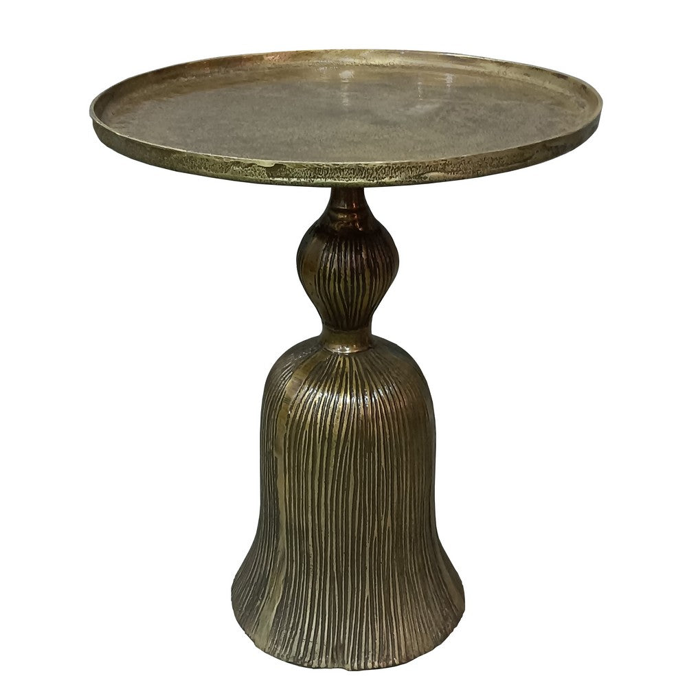 23 Inch Classic Vintage Accent Side Table Round Tray Top Aluminum Pedestal Base Ridges Antique Brass By The Urban Port UPT-272885