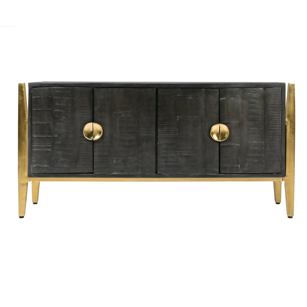 Tali 48 Inch Accent Sideboard Buffet Cabinet 2 Doors with Gold Round Handles Saw Marked Charcoal Gray Acacia Wood By The Urban Port