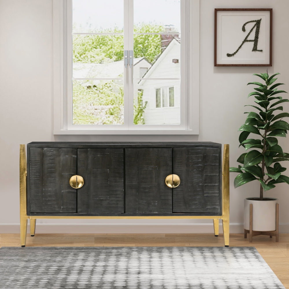 Tali 48 Inch Accent Sideboard Buffet Cabinet 2 Doors with Gold Round Handles Saw Marked Charcoal Gray Acacia Wood By The Urban Port