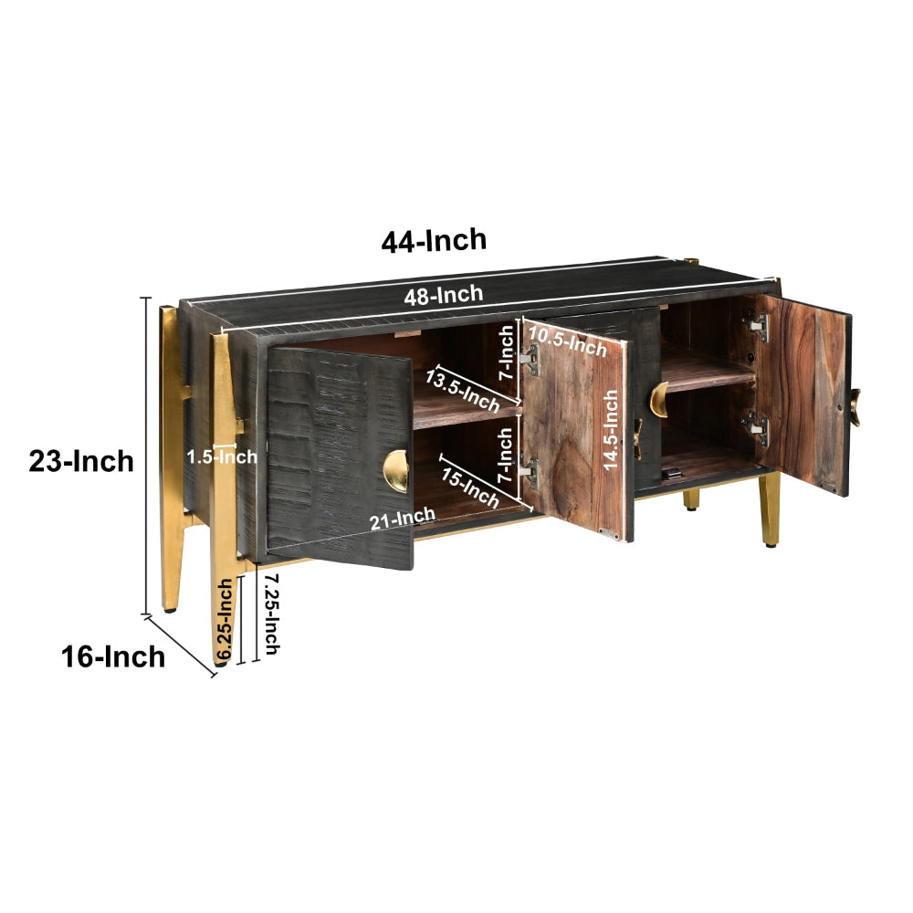 Tali 48 Inch Accent Sideboard Buffet Cabinet 2 Doors with Gold Round Handles Saw Marked Charcoal Gray Acacia Wood By The Urban Port