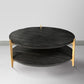 Tali 37 Inch Handcrafted Round Coffee Table 2 Tier Charcoal Gray Acacia Wood Sleek Gold Metal Legs By The Urban Port UPT-272890