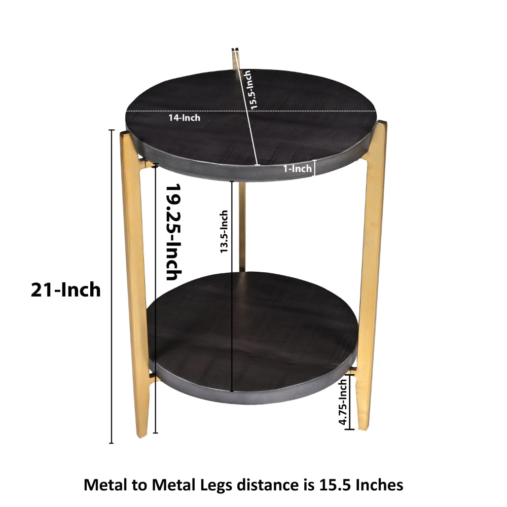 Tali 16 Inch Handcrafted Round Side End Table 2 Tier Charcoal Gray Acacia Wood Sleek Gold Metal Legs By The Urban Port UPT-272891