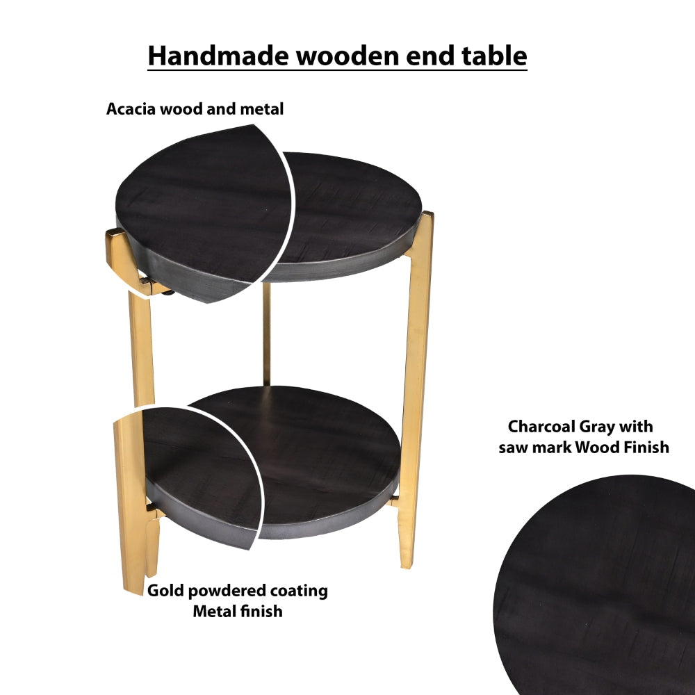 Tali 16 Inch Handcrafted Round Side End Table 2 Tier Charcoal Gray Acacia Wood Sleek Gold Metal Legs By The Urban Port UPT-272891