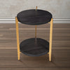 Tali 16 Inch Handcrafted Round Side End Table 2 Tier Charcoal Gray Acacia Wood Sleek Gold Metal Legs By The Urban Port UPT-272891