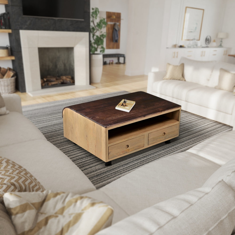 36 Inch Modern Mango Wood Coffee Table Drip Design Walnut Brown Surface Oak White Frame By The Urban Port UPT-272892