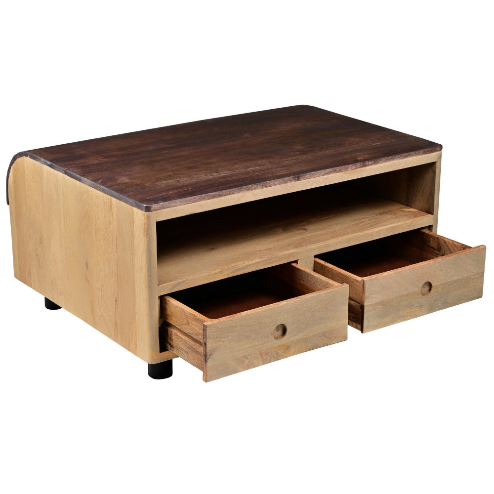 36 Inch Modern Mango Wood Coffee Table Drip Design Walnut Brown Surface Oak White Frame By The Urban Port UPT-272892