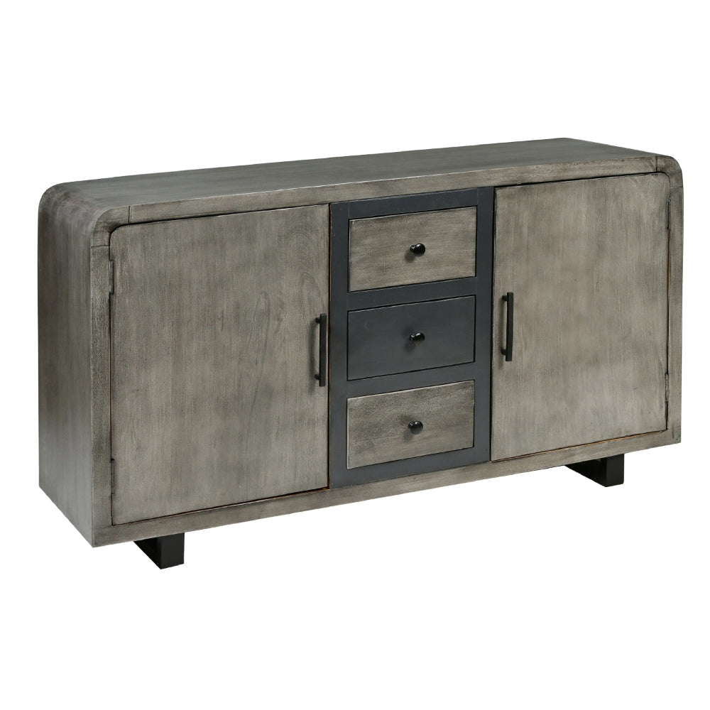 55 Inch Industrial Style Sideboard Console with 2 Cabinets Iron Handles Matte Gray Mango Wood The Urban Port UPT-272895