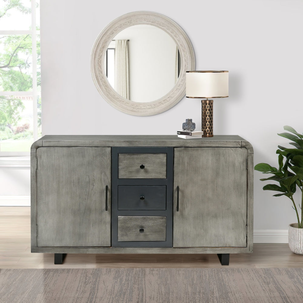 55 Inch Industrial Style Sideboard Console with 2 Cabinets Iron Handles Matte Gray Mango Wood The Urban Port UPT-272895