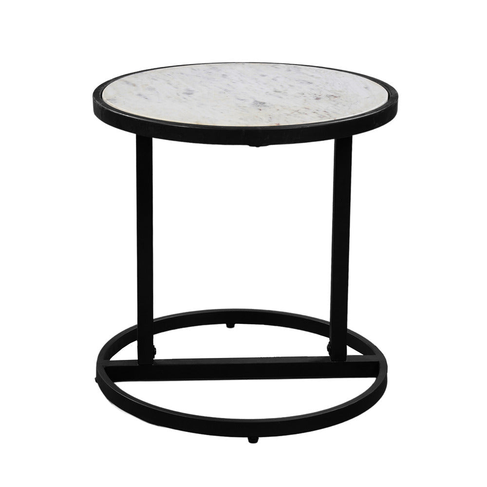 Beri 18 Inch Side End Table Round White Natural Marble Top Classic Slim Black Iron Frame - The Urban Port UPT-273465