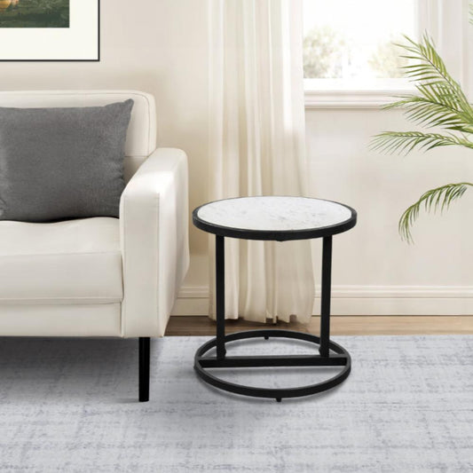 Beri 18 Inch Side End Table, Round White Natural Marble Top, Classic Slim Black Iron Frame - The Urban Port