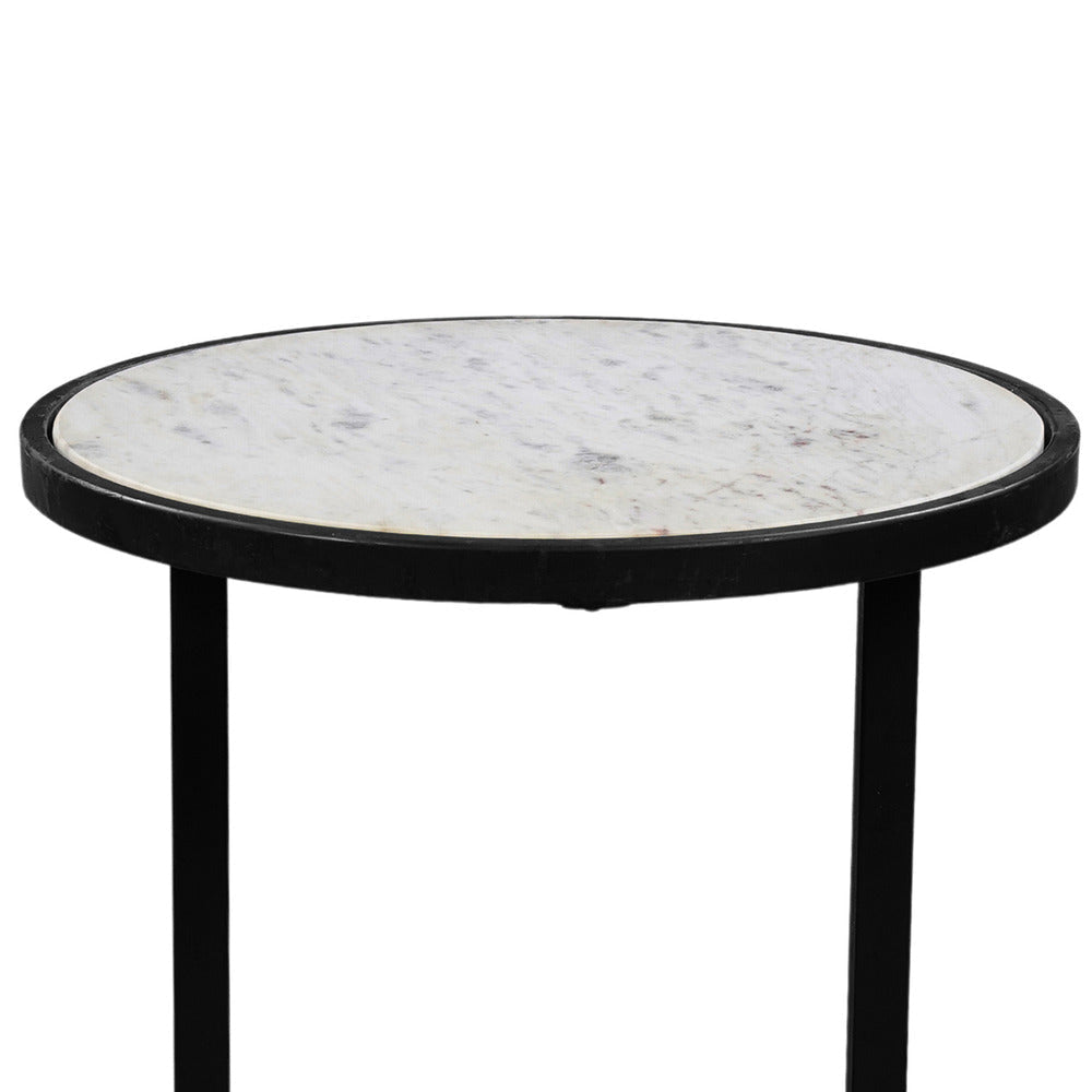 Beri 18 Inch Side End Table Round White Natural Marble Top Classic Slim Black Iron Frame - The Urban Port UPT-273465