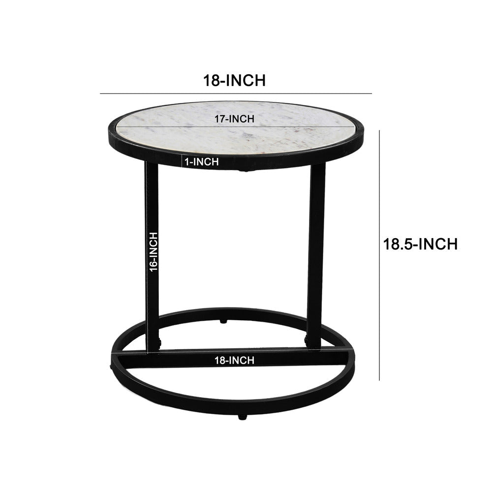 Beri 18 Inch Side End Table Round White Natural Marble Top Classic Slim Black Iron Frame - The Urban Port UPT-273465