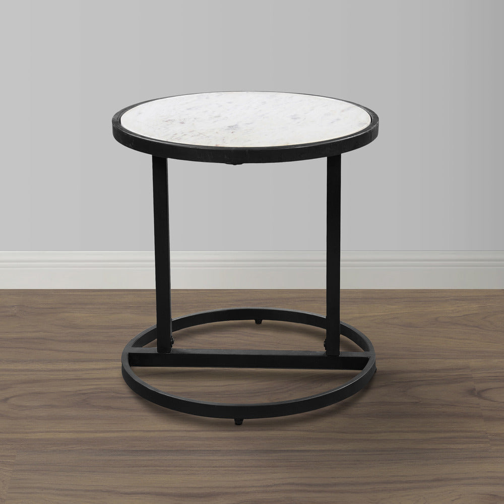 Beri 18 Inch Side End Table, Round White Natural Marble Top, Classic Slim Black Iron Frame - The Urban Port