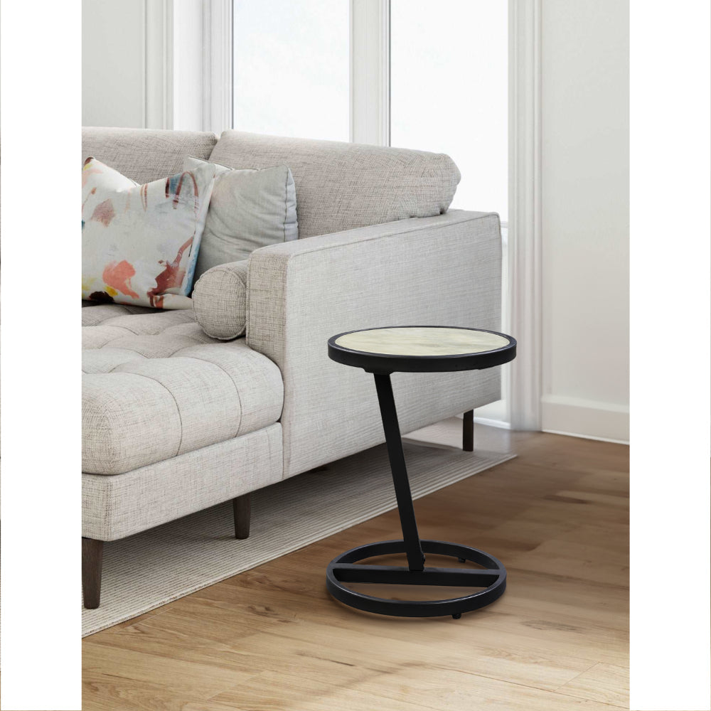 Beri 17 Inch Side End Table, Round White Natural Marble Top, Classic Black Angled Iron Frame The Urban Port