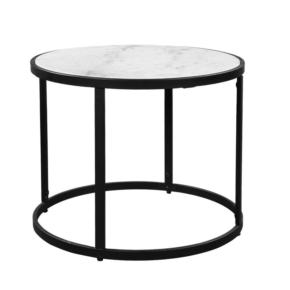 23 Inch Side End Table Modern Round White Natural Marble Top Classic Black Iron Frame The Urban Port UPT-273475