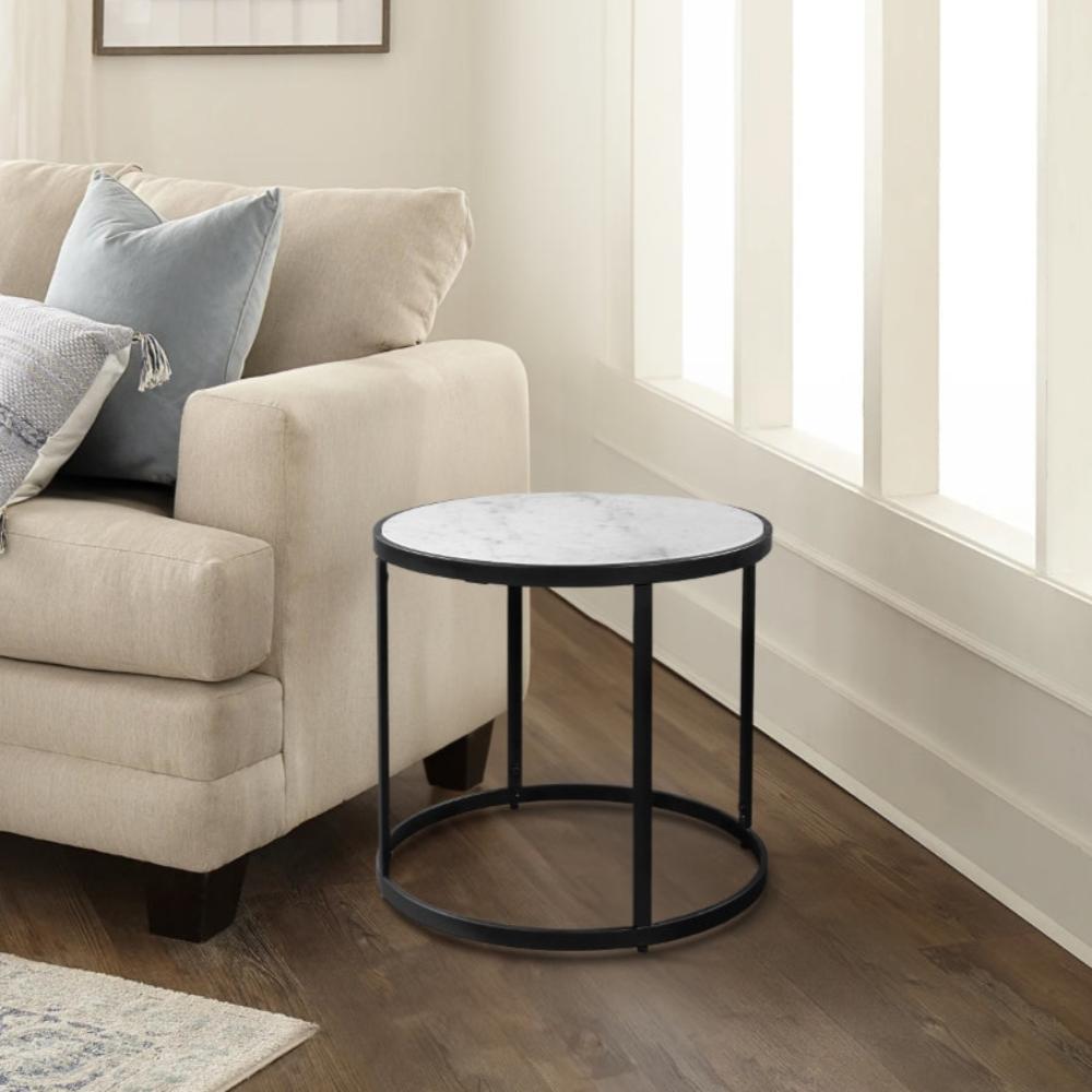 23 Inch Side End Table, Modern Round White Natural Marble Top, Classic Black Iron Frame The Urban Port