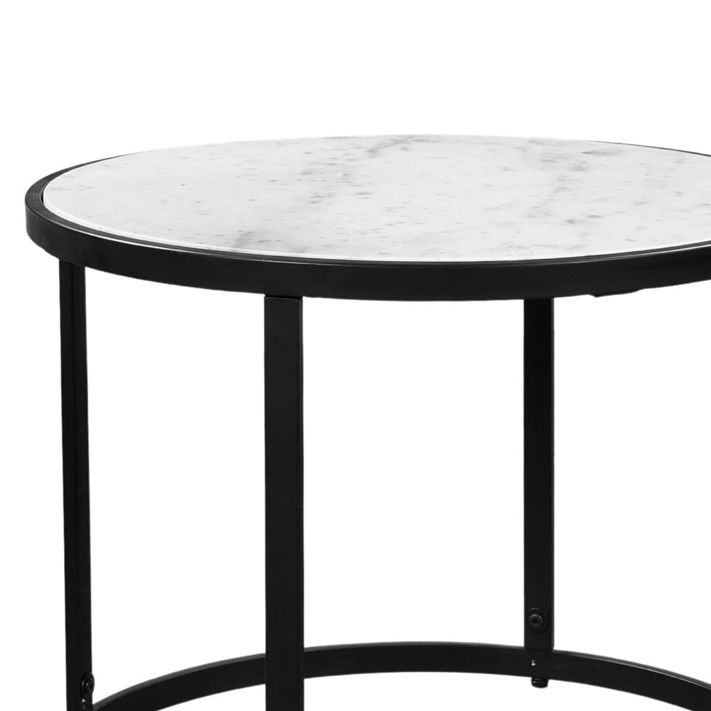 23 Inch Side End Table Modern Round White Natural Marble Top Classic Black Iron Frame The Urban Port UPT-273475