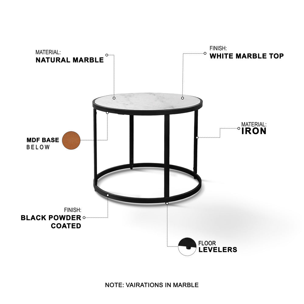 23 Inch Side End Table Modern Round White Natural Marble Top Classic Black Iron Frame The Urban Port UPT-273475