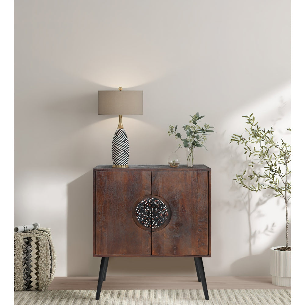 37 Inch 2 Door Mango Wood Sideboard Cabinet, Terrazzo Stone, Sandblasted Red Oak Finish, Black Legs By The Urban Port