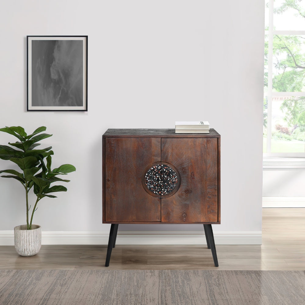 37 Inch 2 Door Mango Wood Sideboard Cabinet Terrazzo Stone Sandblasted Red Oak Finish Black Legs By The Urban Port UPT-274765