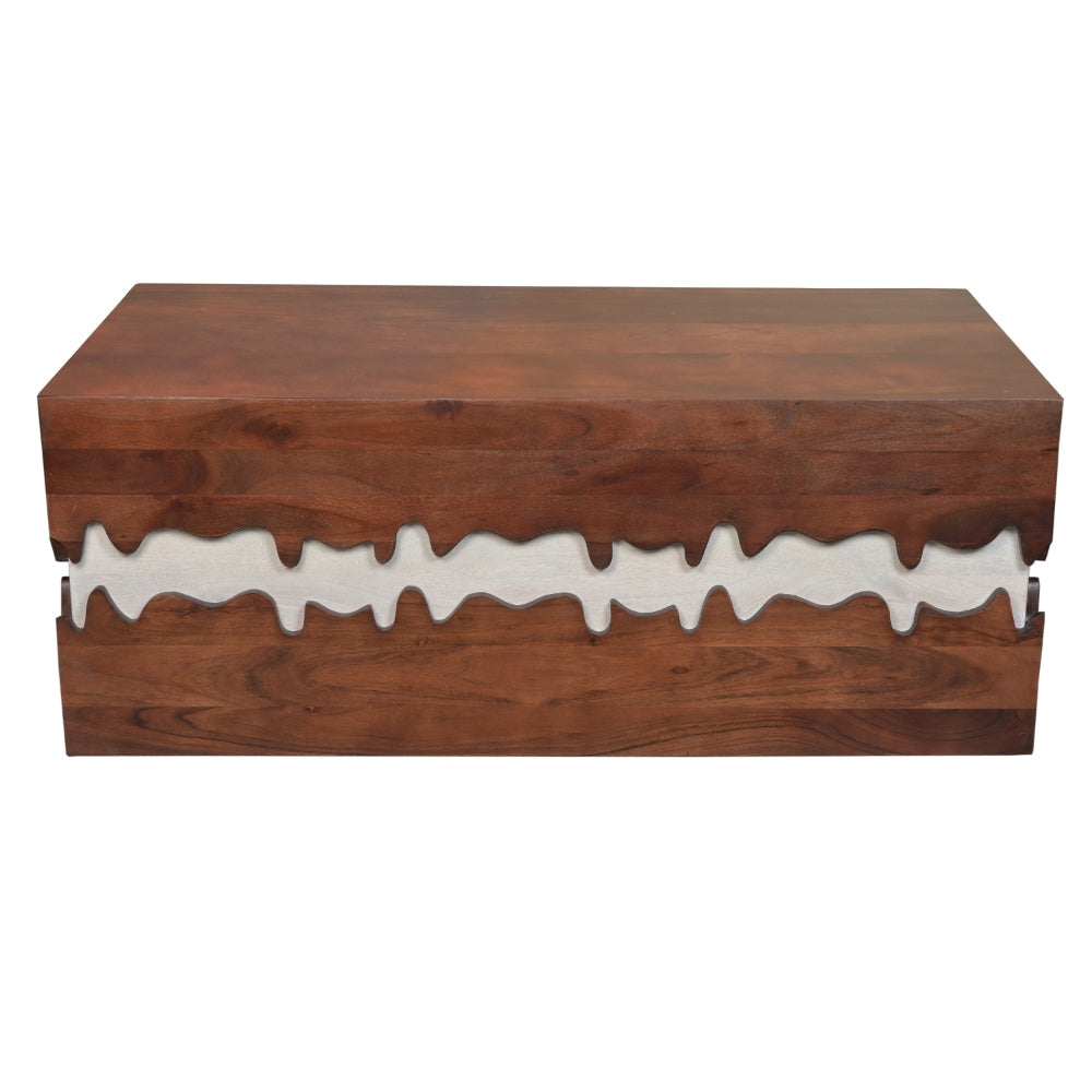 Allen 45 Inch Acacia Wood Coffee Table Artistic Wavy Design Walnut Brown and Off White By The Urban Port UPT-274768