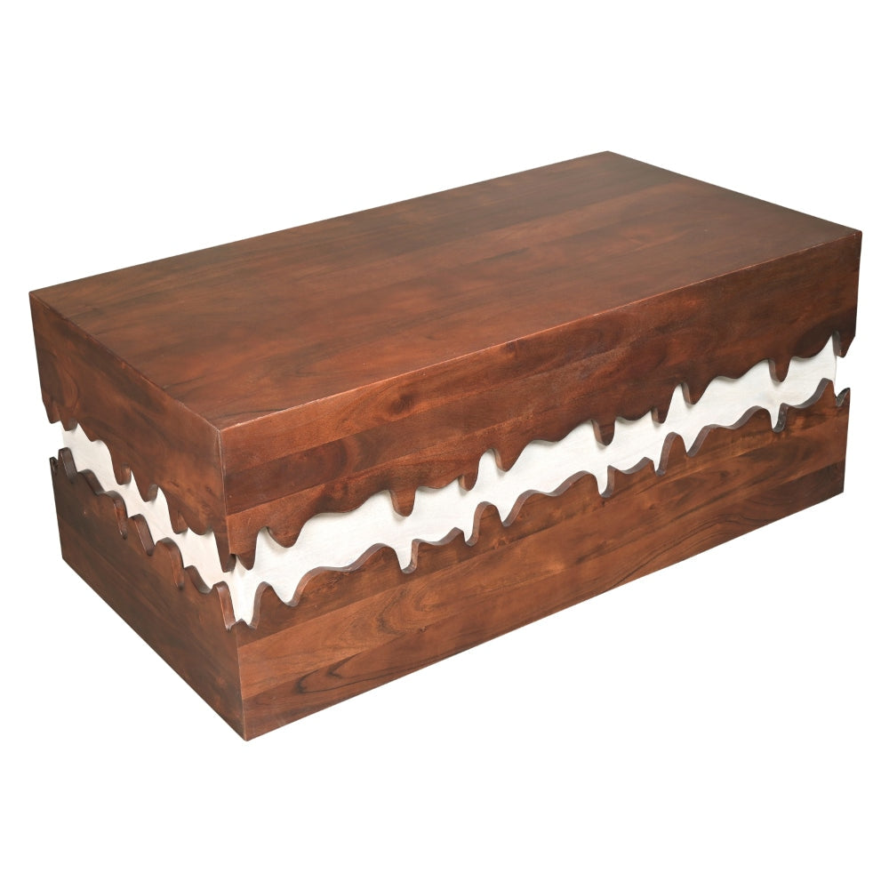 Allen 45 Inch Acacia Wood Coffee Table Artistic Wavy Design Walnut Brown and Off White By The Urban Port UPT-274768