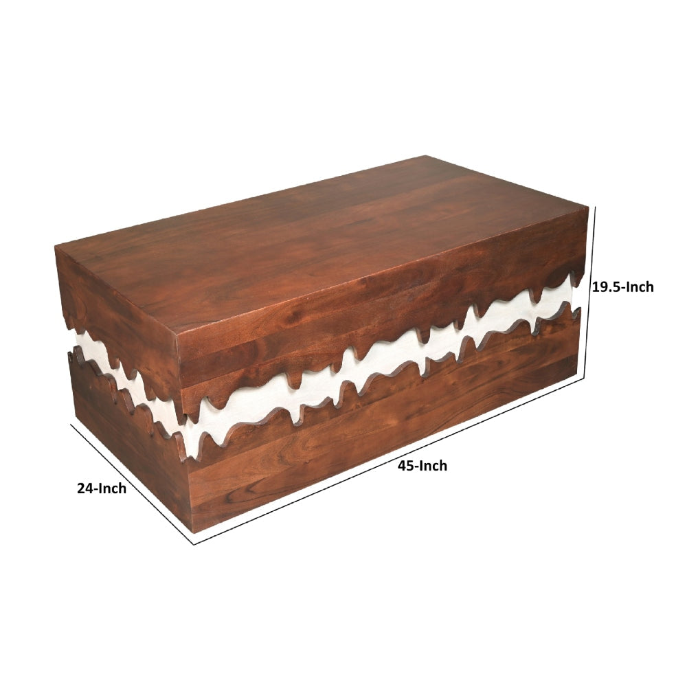 Allen 45 Inch Acacia Wood Coffee Table Artistic Wavy Design Walnut Brown and Off White By The Urban Port UPT-274768