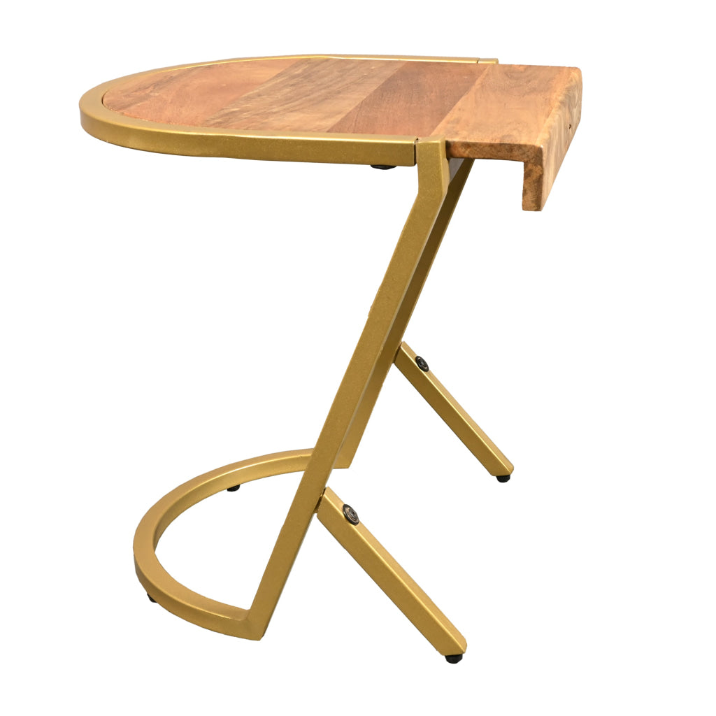 17 Inch Side End C Table Natural Mango Wood Top with Drop Edge Iron Gold Angled Frame The Urban Port UPT-276369