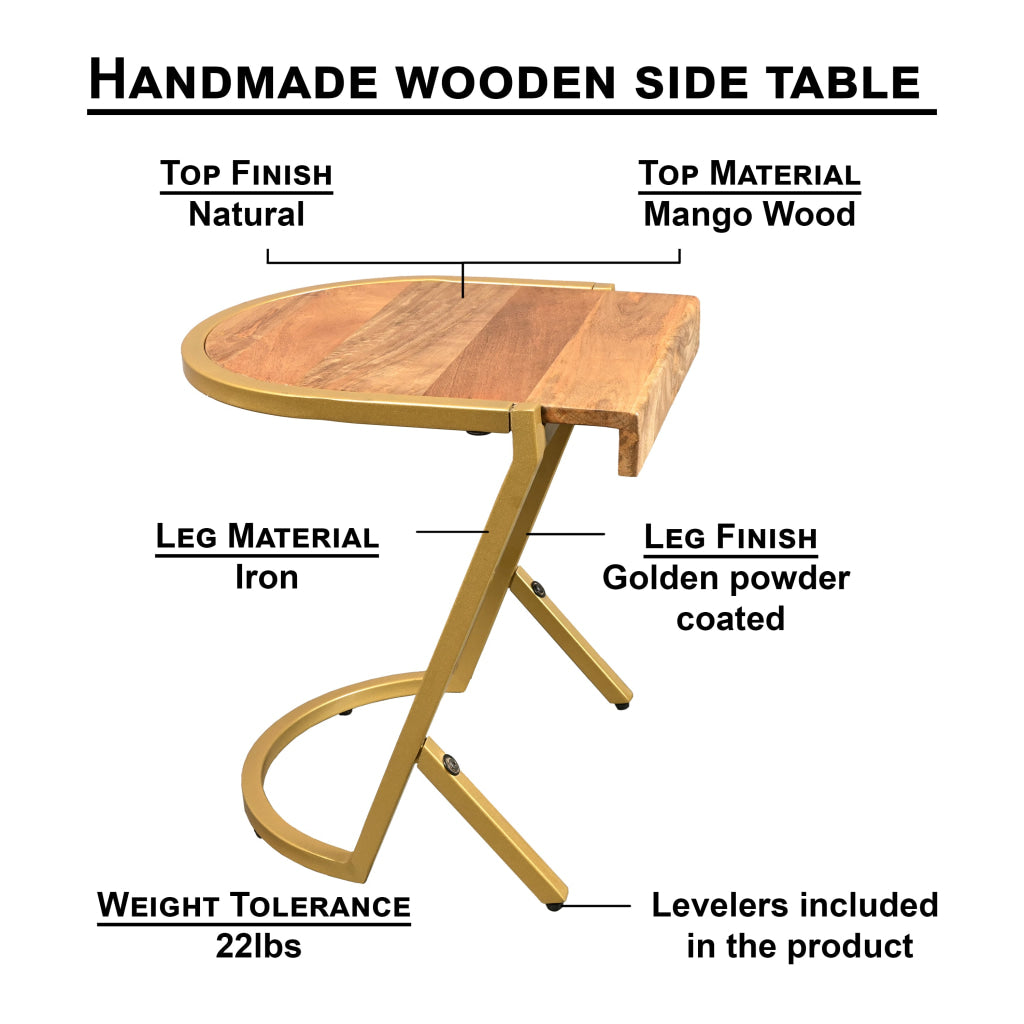 17 Inch Side End C Table Natural Mango Wood Top with Drop Edge Iron Gold Angled Frame The Urban Port UPT-276369