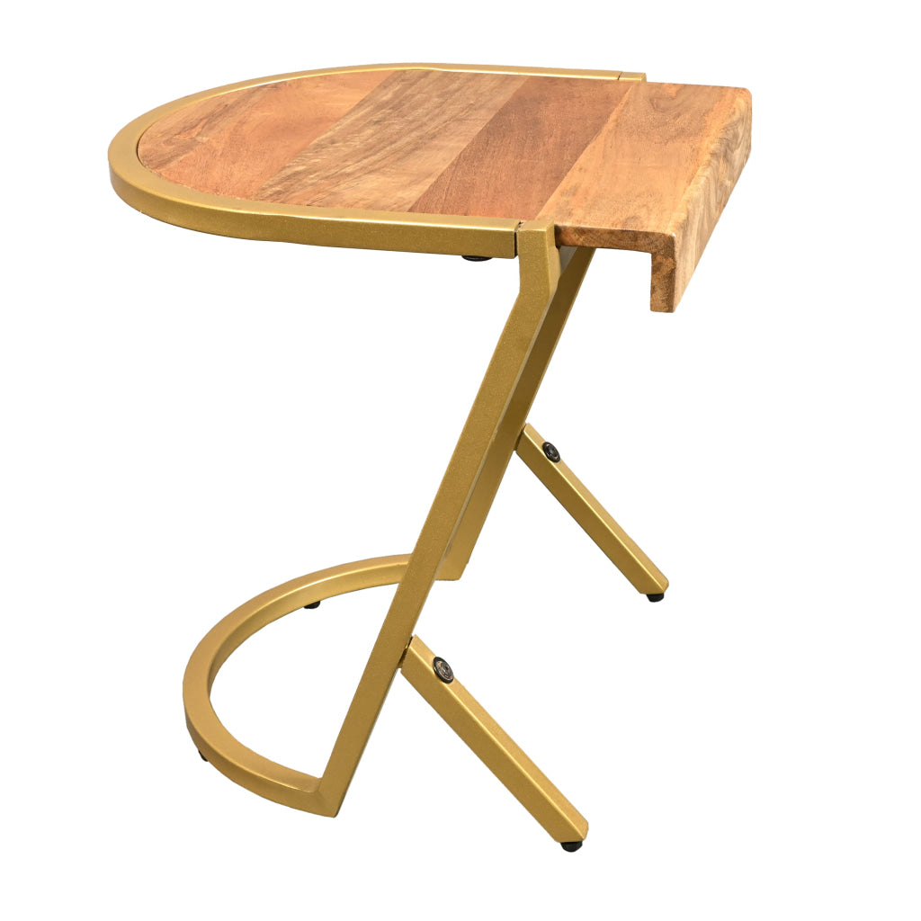 17 Inch Side End C Table Natural Mango Wood Top with Drop Edge Iron Gold Angled Frame The Urban Port UPT-276369