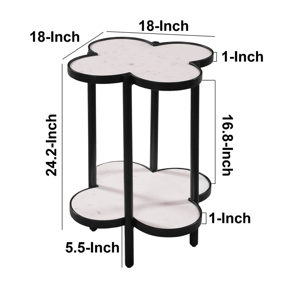 Side End Table White Genuine Marble Clover Shape Top and Bottom Shelf Black Iron Frame UPT-276372 UPT-276372