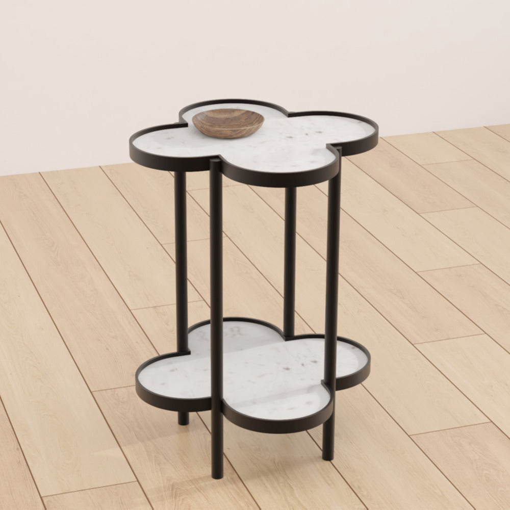 Side End Table White Genuine Marble Clover Shape Top and Bottom Shelf Black Iron Frame UPT-276372 UPT-276372