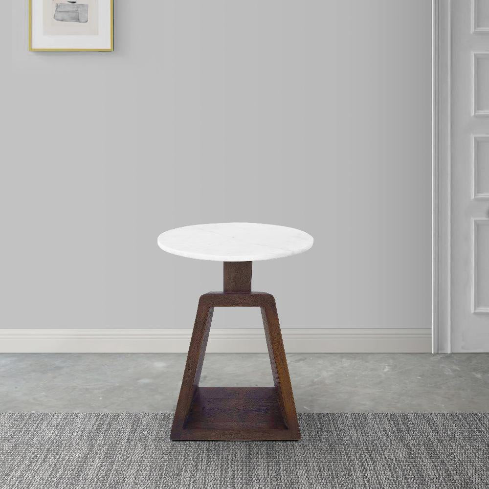 Port Blair Side End Table Round White Genuine Marble Top with Handcrafted Mango Wood 16.5 Inch UPT-276373