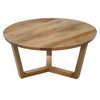 Vega 30 inch Round Mango Wood Coffee Table - Handcrafted Natural Brown Sturdy 3-Leg Sled Base By The Urban Port UPT-276375