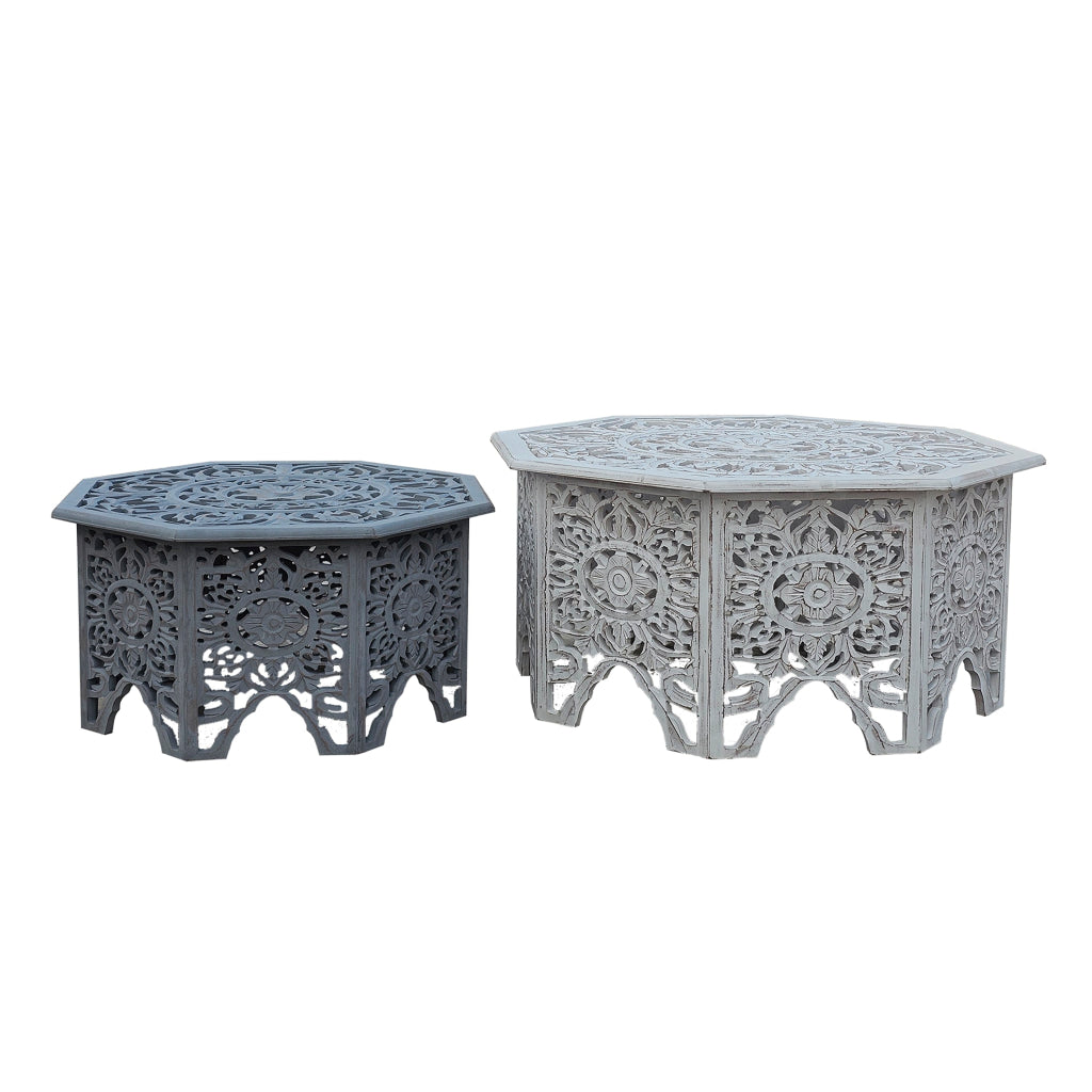 Nesting Coffee Tables Set of 2 Handcrafted Carved Cut Out Floral Motifs Antique White and Gray - The Urban Port UPT-277207