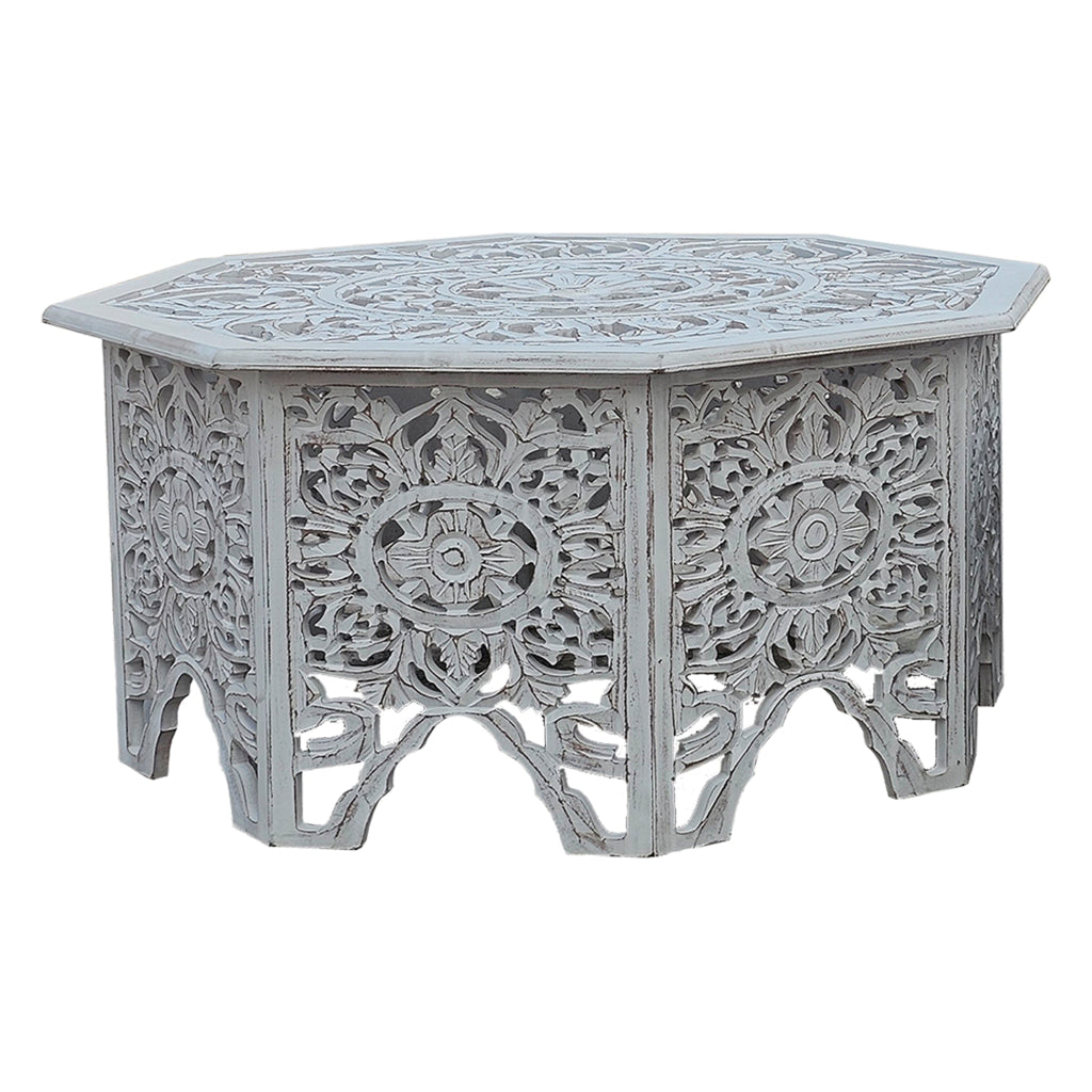 Nesting Coffee Tables Set of 2 Handcrafted Carved Cut Out Floral Motifs Antique White and Gray - The Urban Port UPT-277207