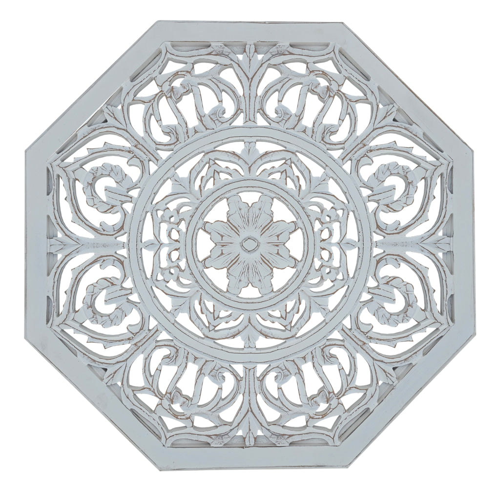 Nesting Coffee Tables Set of 2 Handcrafted Carved Cut Out Floral Motifs Antique White and Gray - The Urban Port UPT-277207