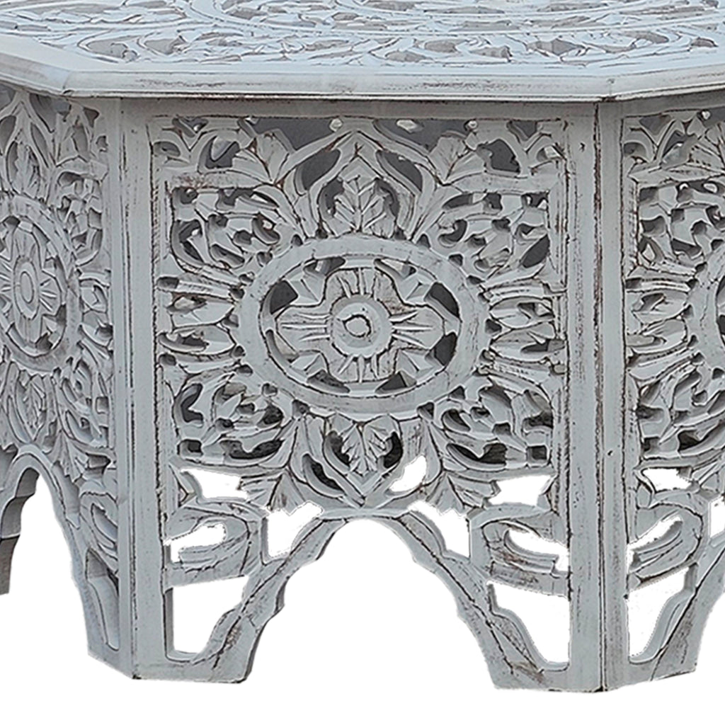 Nesting Coffee Tables Set of 2 Handcrafted Carved Cut Out Floral Motifs Antique White and Gray - The Urban Port UPT-277207