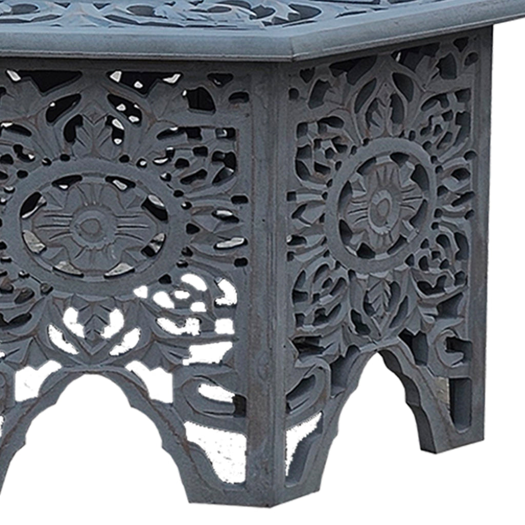 Nesting Coffee Tables Set of 2 Handcrafted Carved Cut Out Floral Motifs Antique White and Gray - The Urban Port UPT-277207