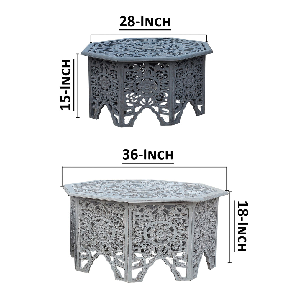 Nesting Coffee Tables Set of 2 Handcrafted Carved Cut Out Floral Motifs Antique White and Gray - The Urban Port UPT-277207