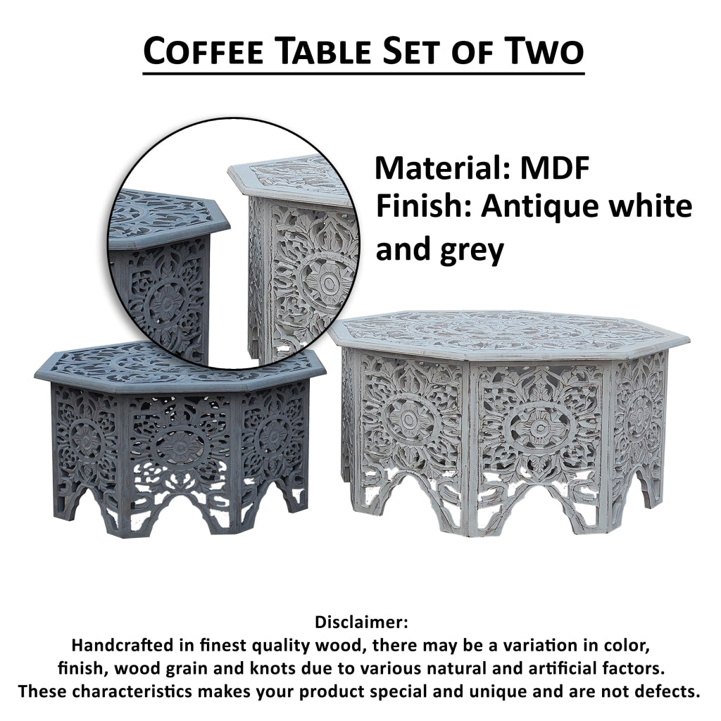 Nesting Coffee Tables Set of 2 Handcrafted Carved Cut Out Floral Motifs Antique White and Gray - The Urban Port UPT-277207