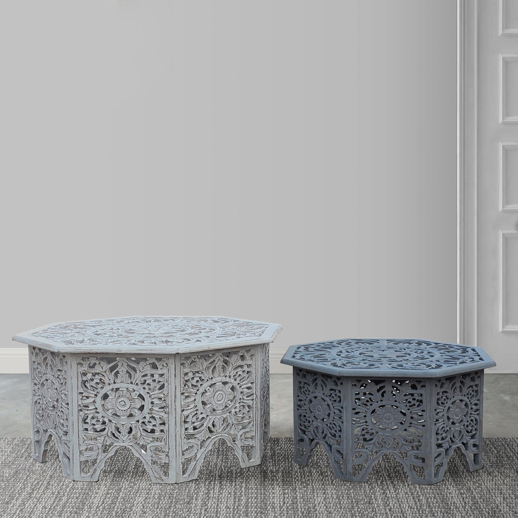 Nesting Coffee Tables Set of 2 Handcrafted Carved Cut Out Floral Motifs Antique White and Gray - The Urban Port UPT-277207